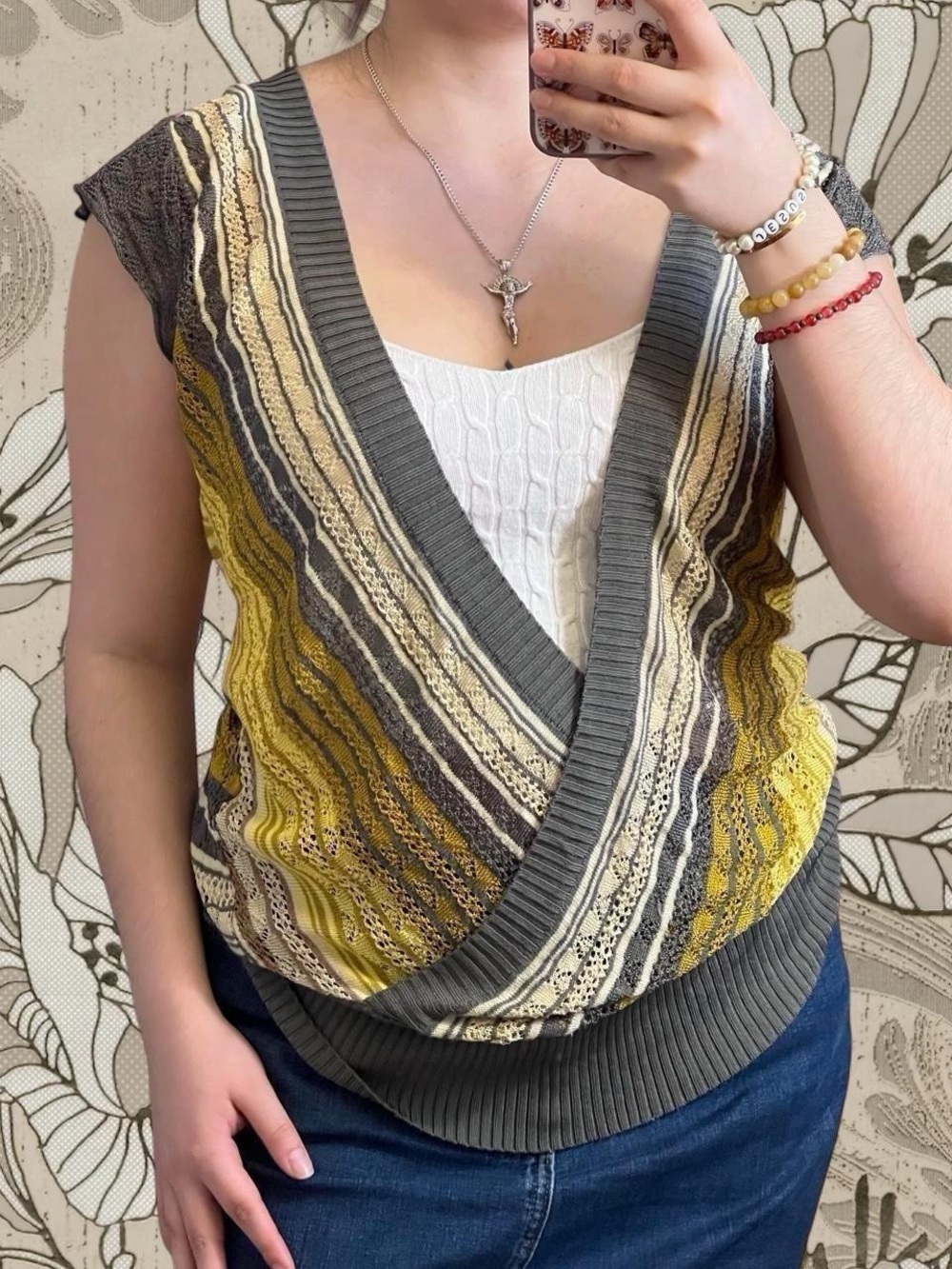 DKNY Striped Open Knit Vest V Neck Sweater